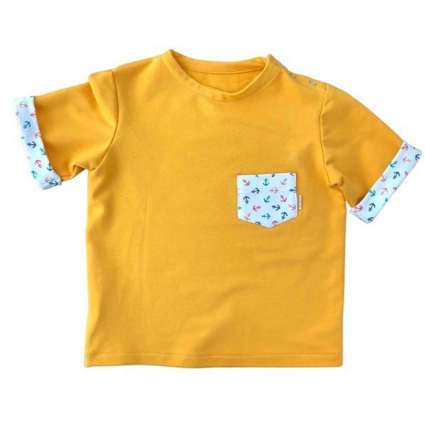 Трикотажна футболка від 1 до 6 років Гірчична з кольоровими манжетами tshirt002_80-1 фото